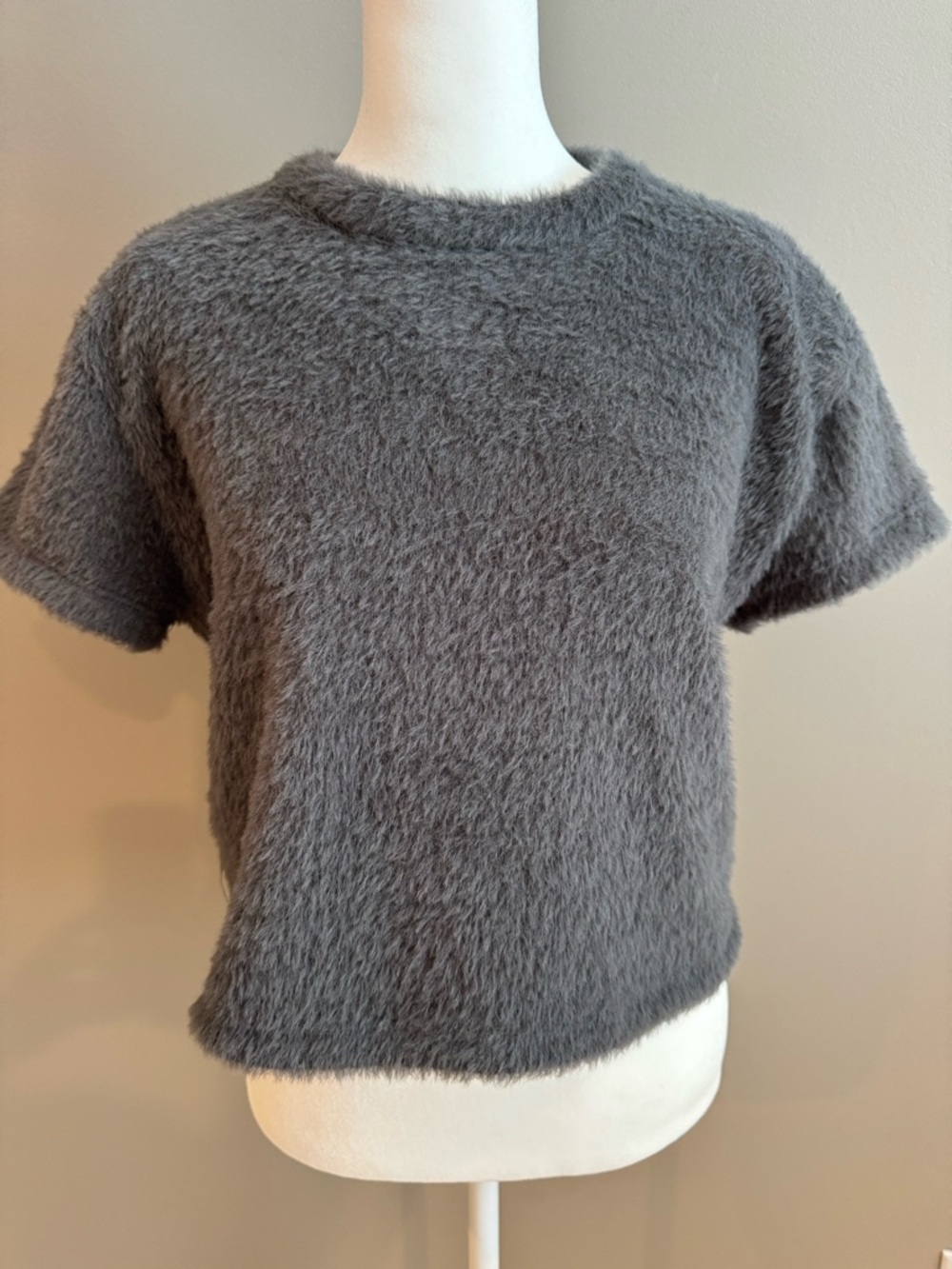 Anthropologie Fuzzy Short-Sleeve Knit Top in Charcoal L
